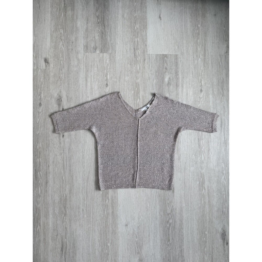 WD NY Sequin Knit V-Neck Sweater Taupe Silver Sparkle Short Sleeve Size Small - Picture 6 of 11